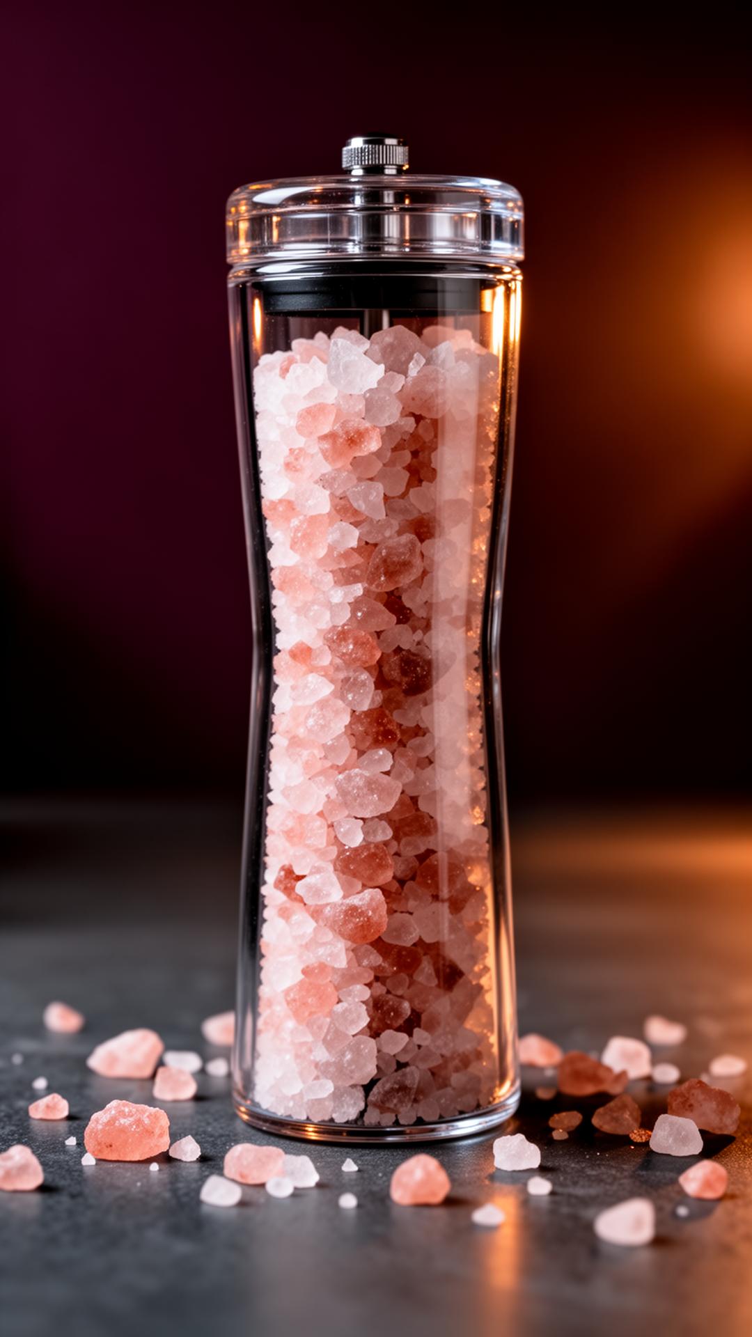 Rosalta refillable pink Himalayan salt grinder under dramatic warm lighting