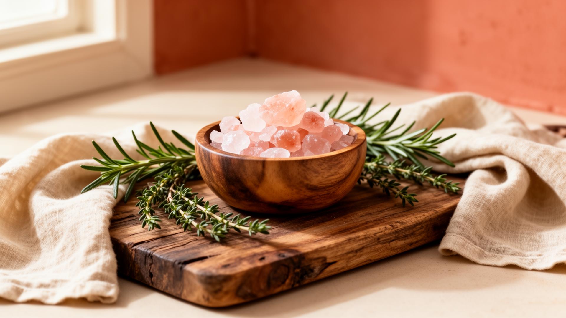 A wooden bowl of pink Himalayan salt with rosemary and thyme